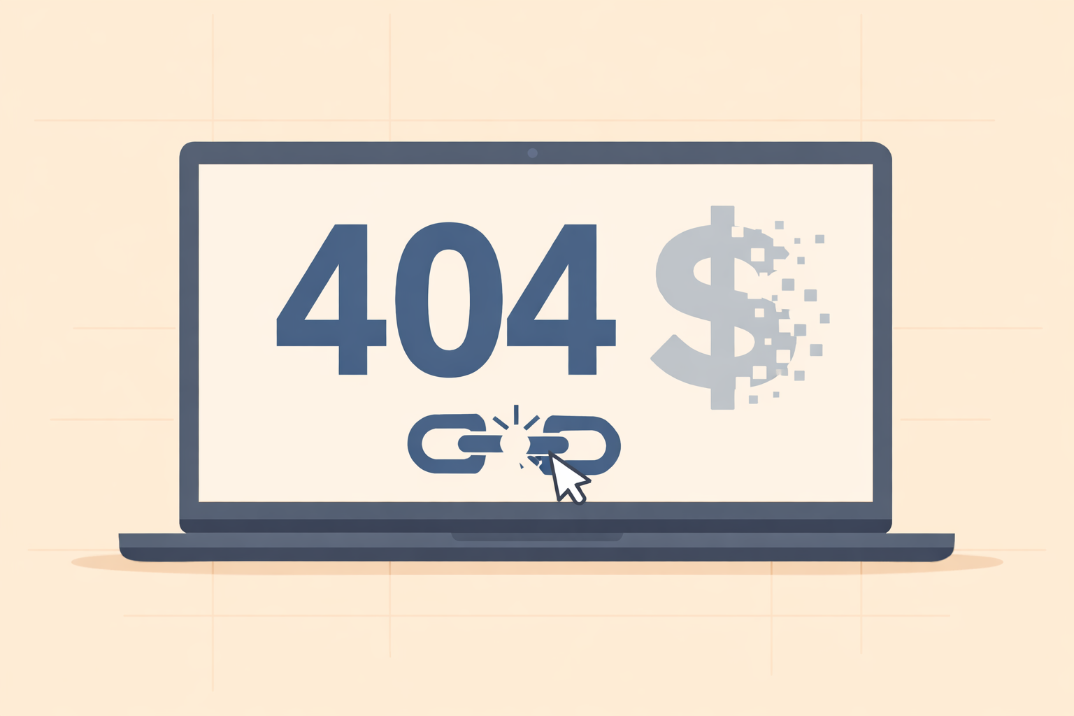 A laptop screen showing a 404 Page Not Found message with a dissolving dollar sign
