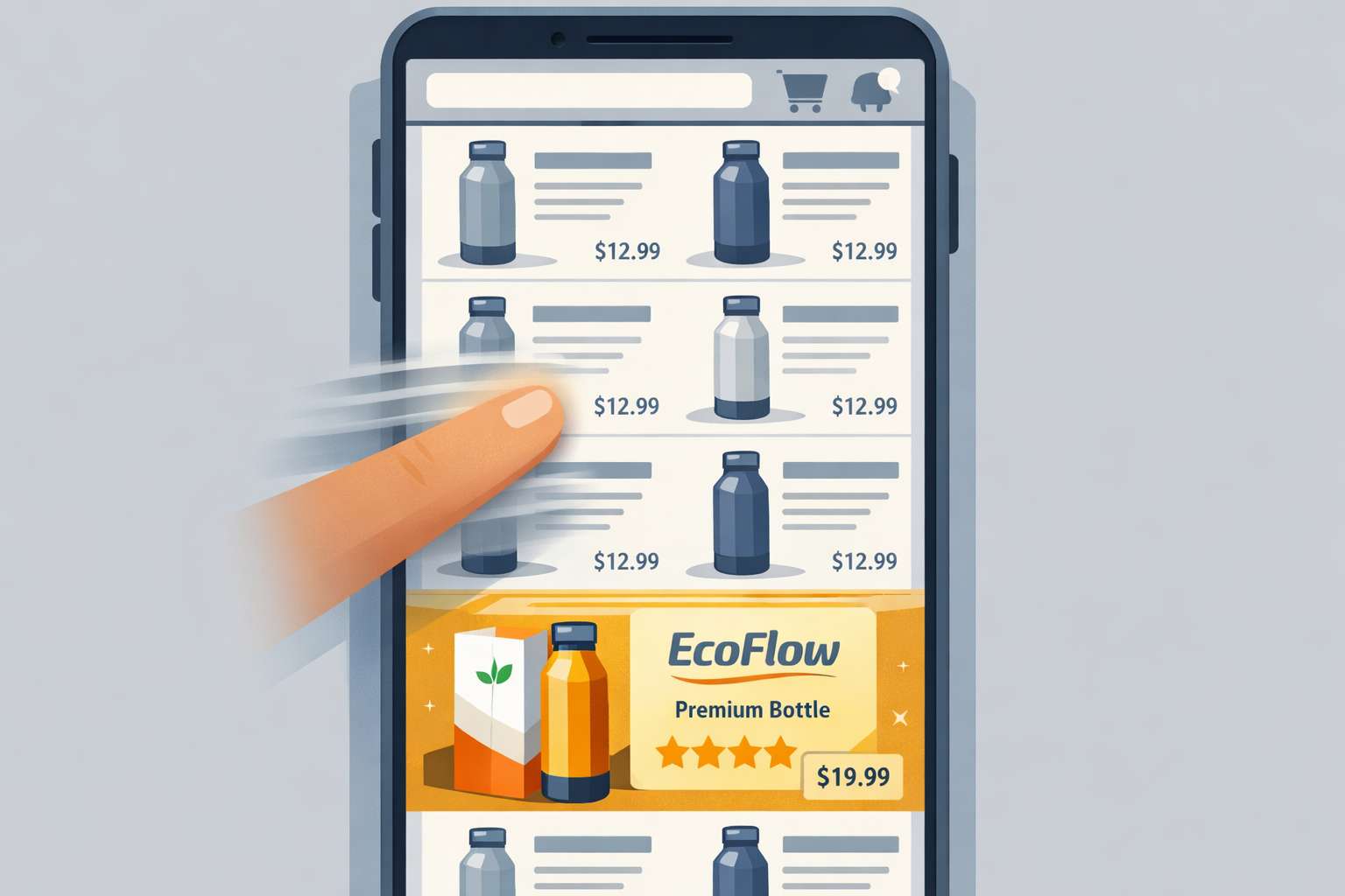 Customers scrolling past identical generic product listings, one branded product stands out