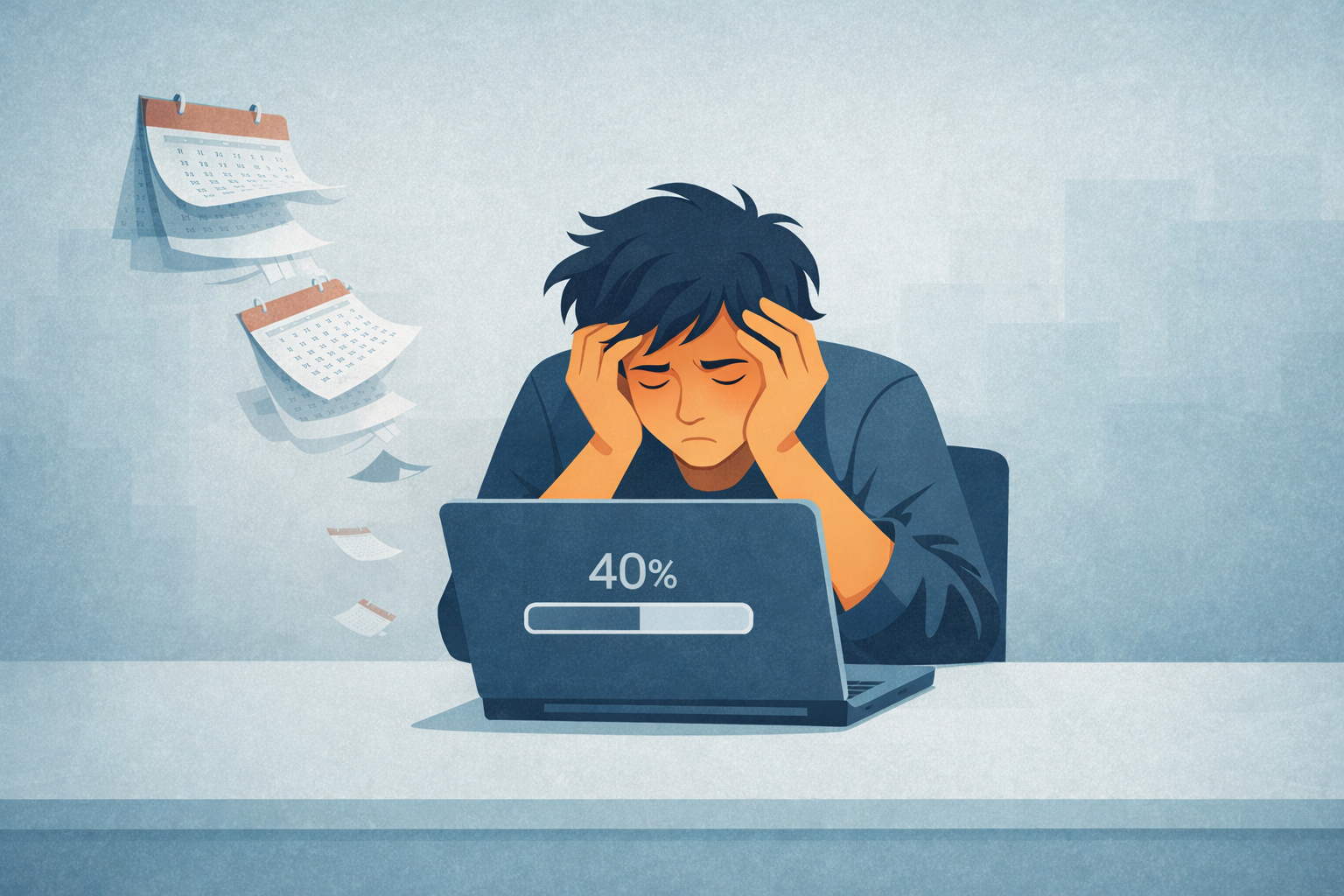 A person at a desk with a laptop stuck at 40 percent, calendar pages falling from the wall showing months passing