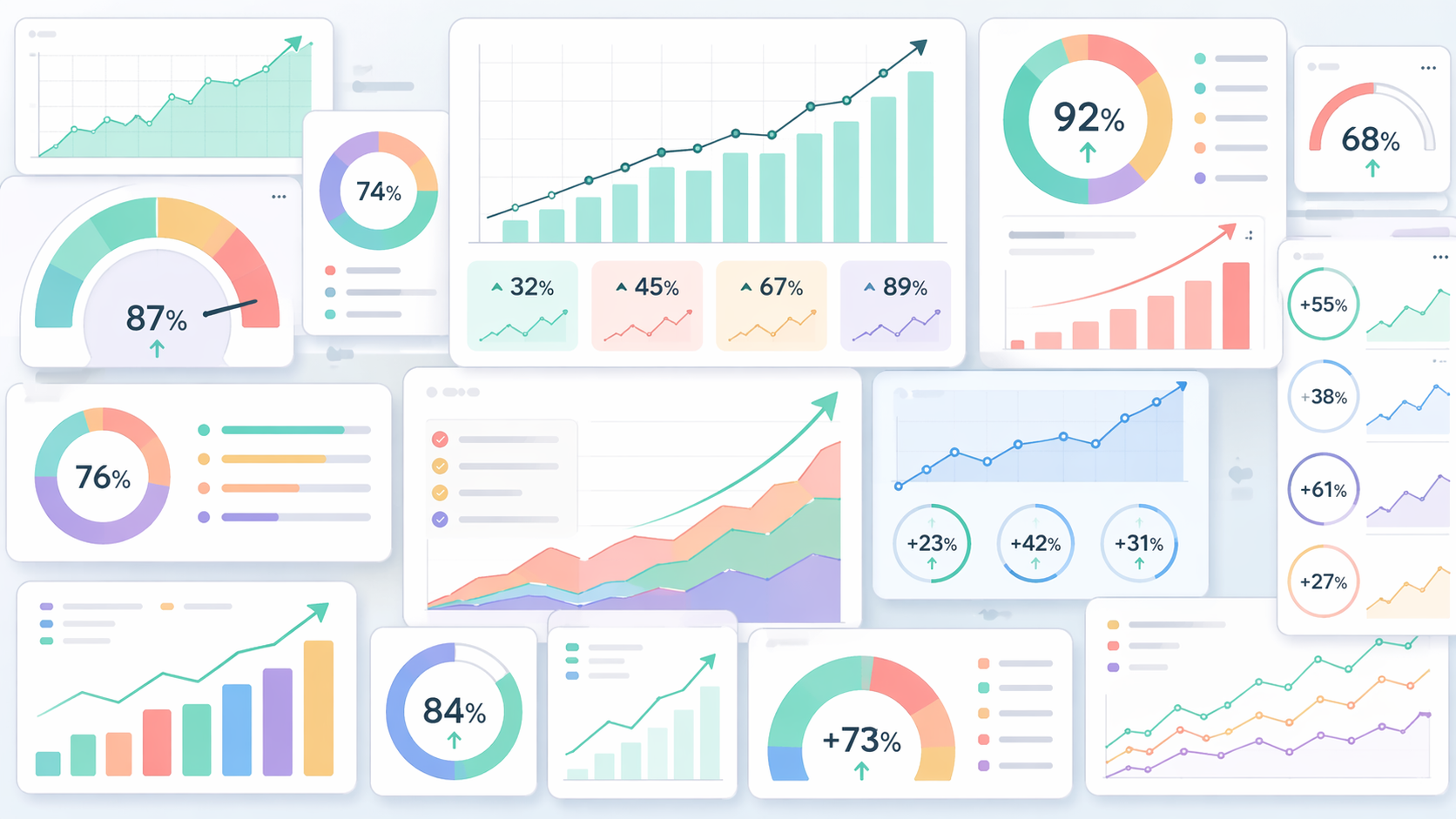Overhead view of a wooden desk with a laptop screen crammed with overlapping charts, gauges, and trend lines spilling past the edges, while a hand holds a small magnifying glass above the screen trying to pick something meaningful out of the chaos