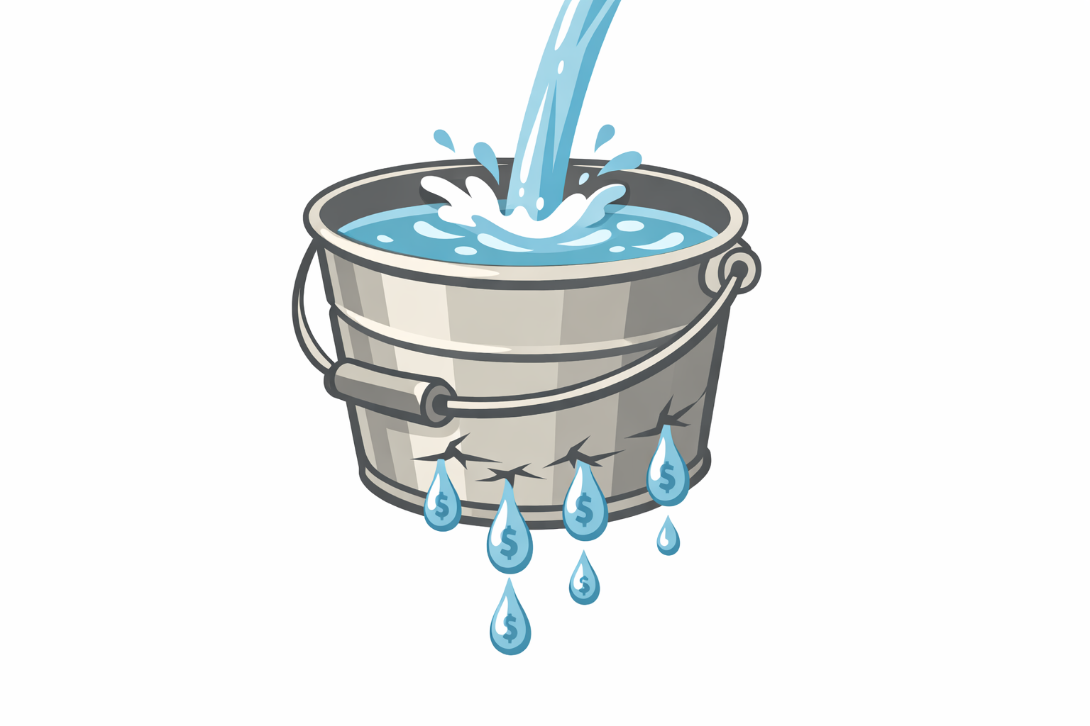 A leaking bucket with dollar-sign water droplets dripping from cracks