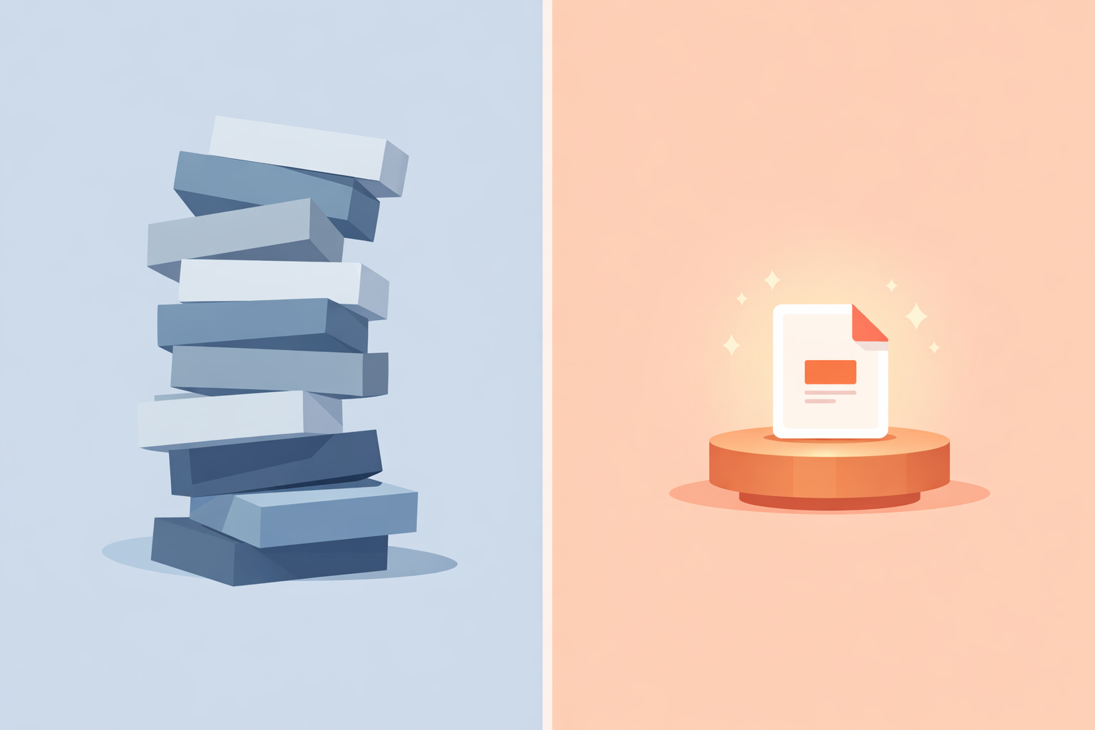 Split illustration: a towering stack of course blocks on the left versus a single glowing digital product on the right
