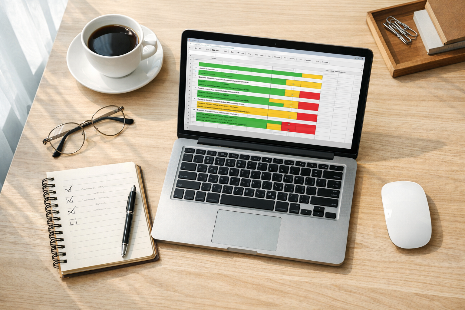 Overhead shot of a clean desk with a laptop showing a URL spreadsheet and a handwritten checklist