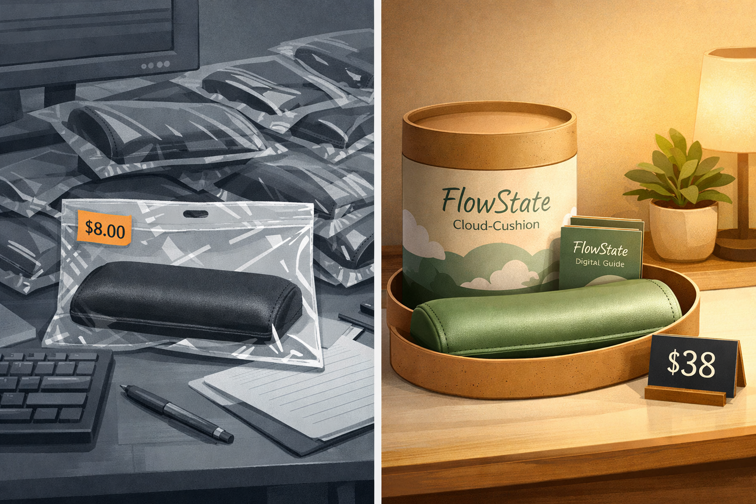 Before and after: a generic foam wrist rest in a plastic bag versus a branded FlowState Cloud-Cushion in premium packaging
