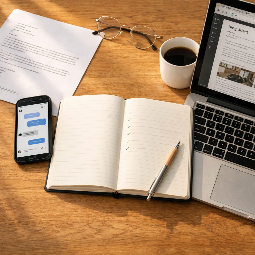 Overhead desk shot with a notebook, phone showing DMs, a printed email, and a laptop with a blog draft