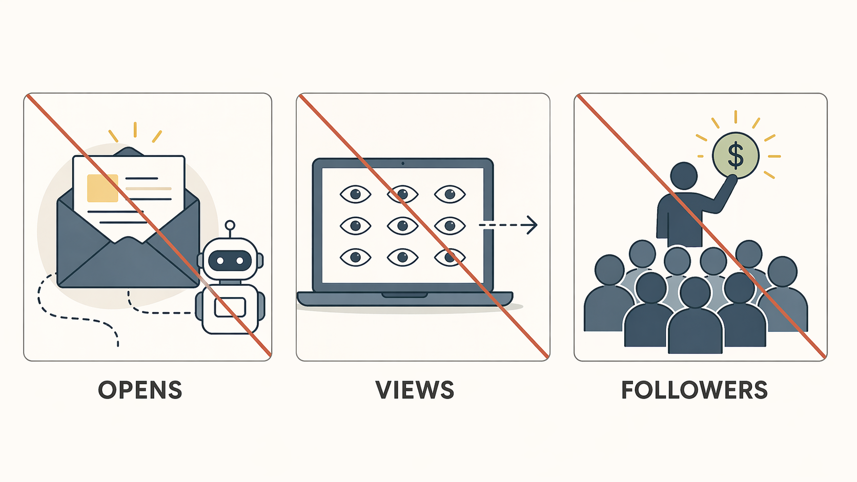 Three side-by-side panels, each with a diagonal rust-red strikethrough: an envelope being auto-opened by a robot labelled OPENS, a laptop full of eye shapes with an unused arrow labelled VIEWS, and a crowd facing away from a figure holding a dollar-sign labelled FOLLOWERS