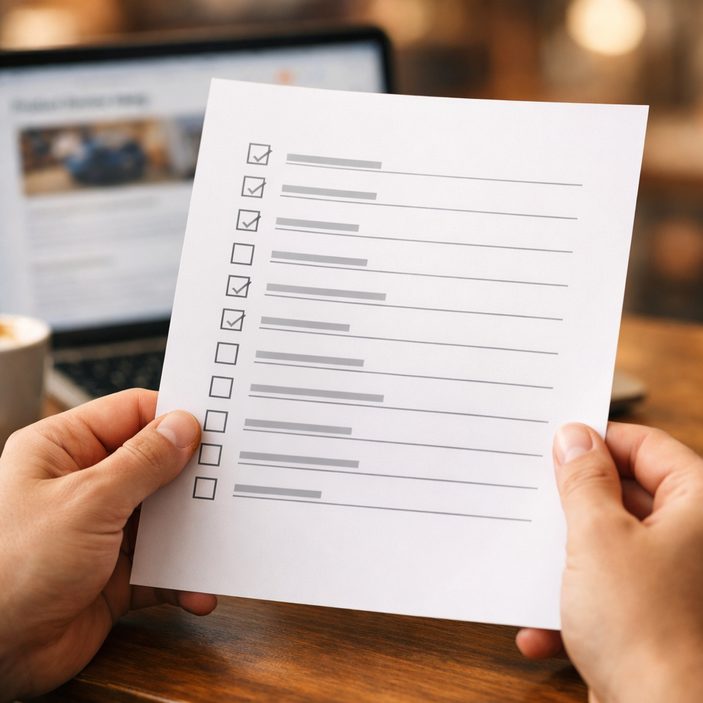 Hands holding a clean one-page checklist PDF with a product review blog visible on the laptop behind