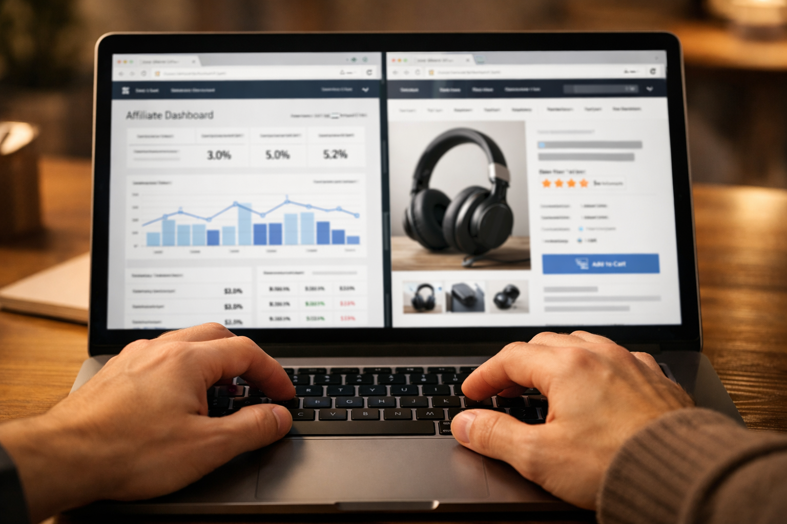 Hands on a laptop comparing two affiliate dashboards side by side