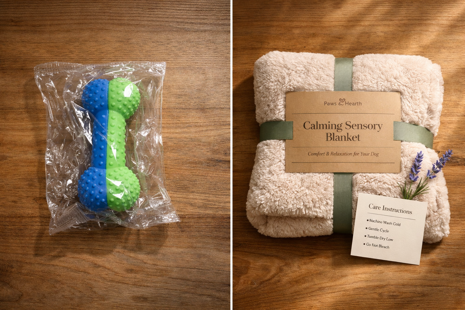 A generic dog toy next to a beautifully packaged Calming Sensory Blanket for dogs, showing the micro-brand transformation