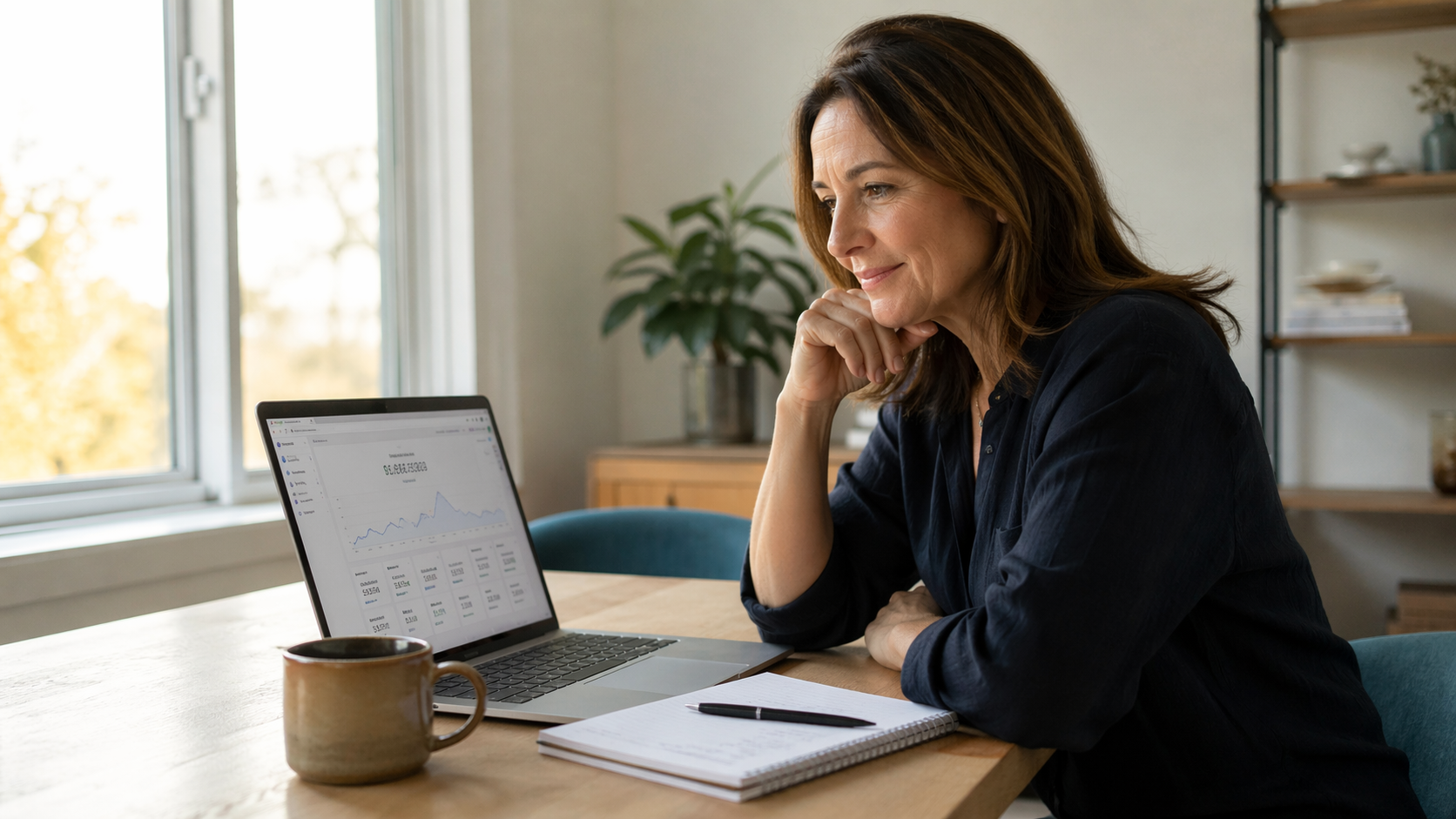 A woman in her late 40s seated at a clean home-office desk, smiling with quiet recognition as she looks at a laptop dashboard with one metric prominently highlighted at the top and smaller numbers greyed out beneath it, warm morning light coming through a nearby window