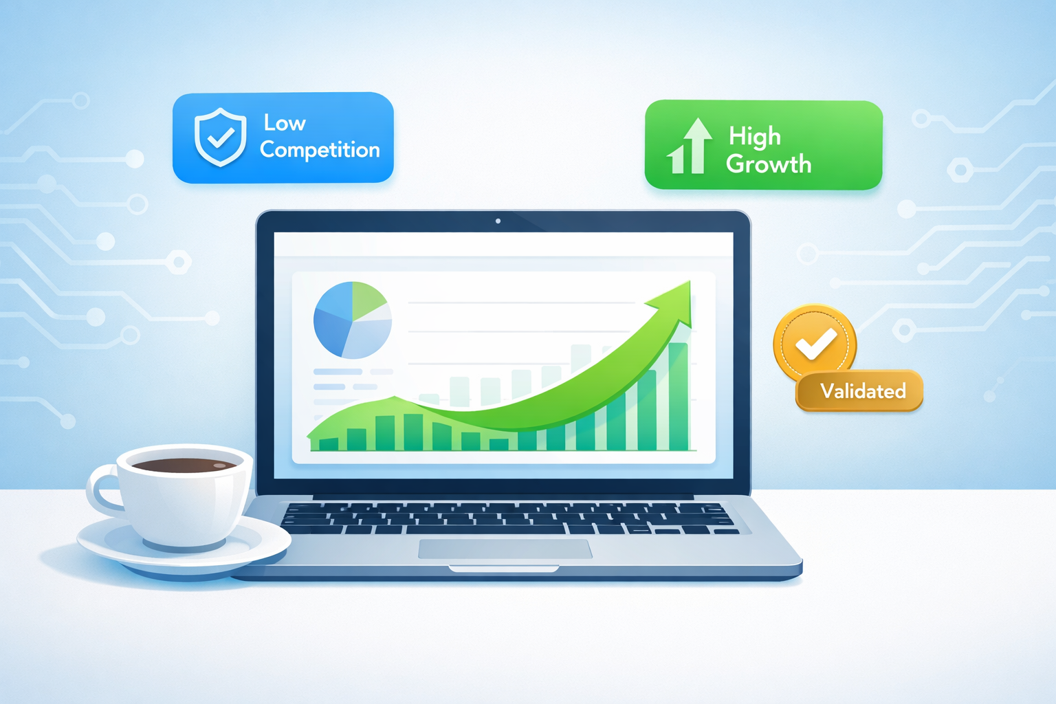 A laptop showing a trend validation dashboard with Low Competition and High Growth indicators