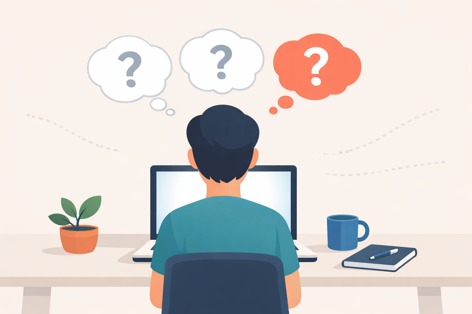 Illustration of a person at a laptop with three thought bubbles, one highlighted in coral showing they picked their idea