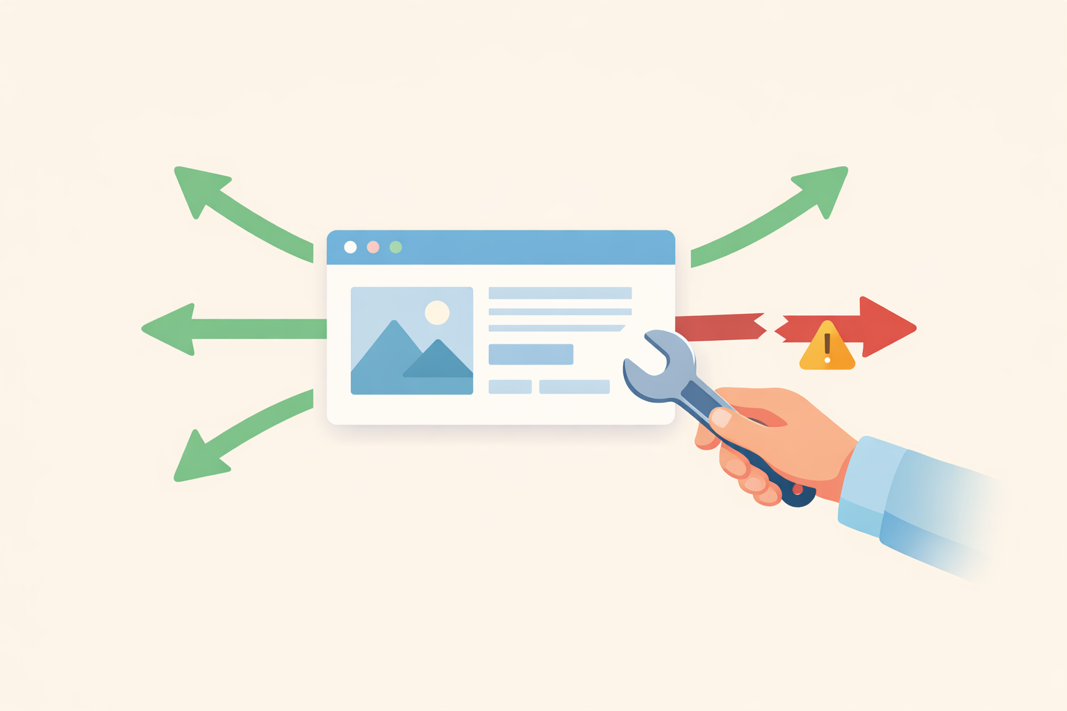 A simplified webpage with five outbound link arrows, four green and one broken red, with a hand holding a wrench