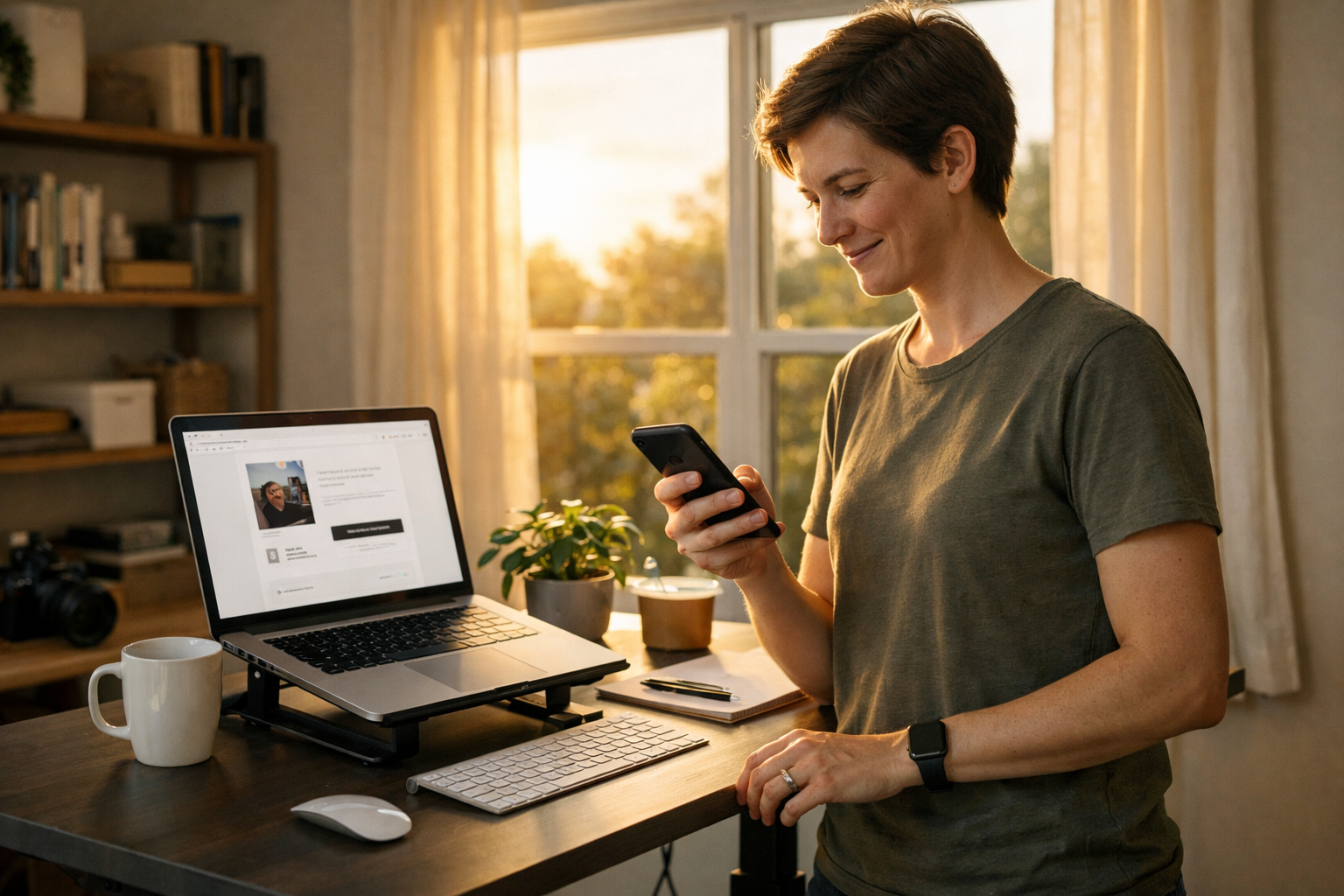Person at a standing desk smiling at a first-sale notification on their phone, golden afternoon light