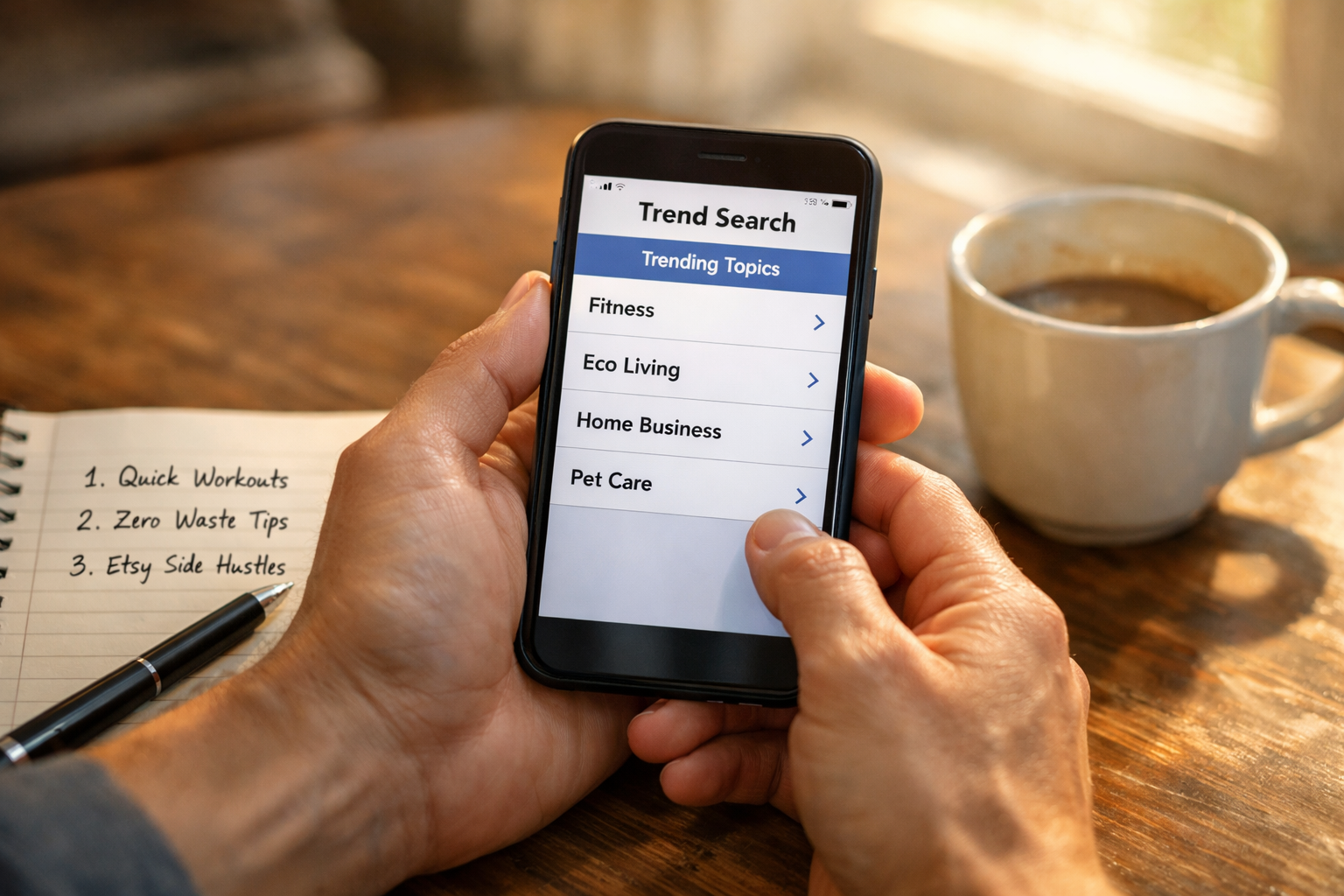 Someone holding their phone at a kitchen table with morning light, notebook open beside it with three niches written down