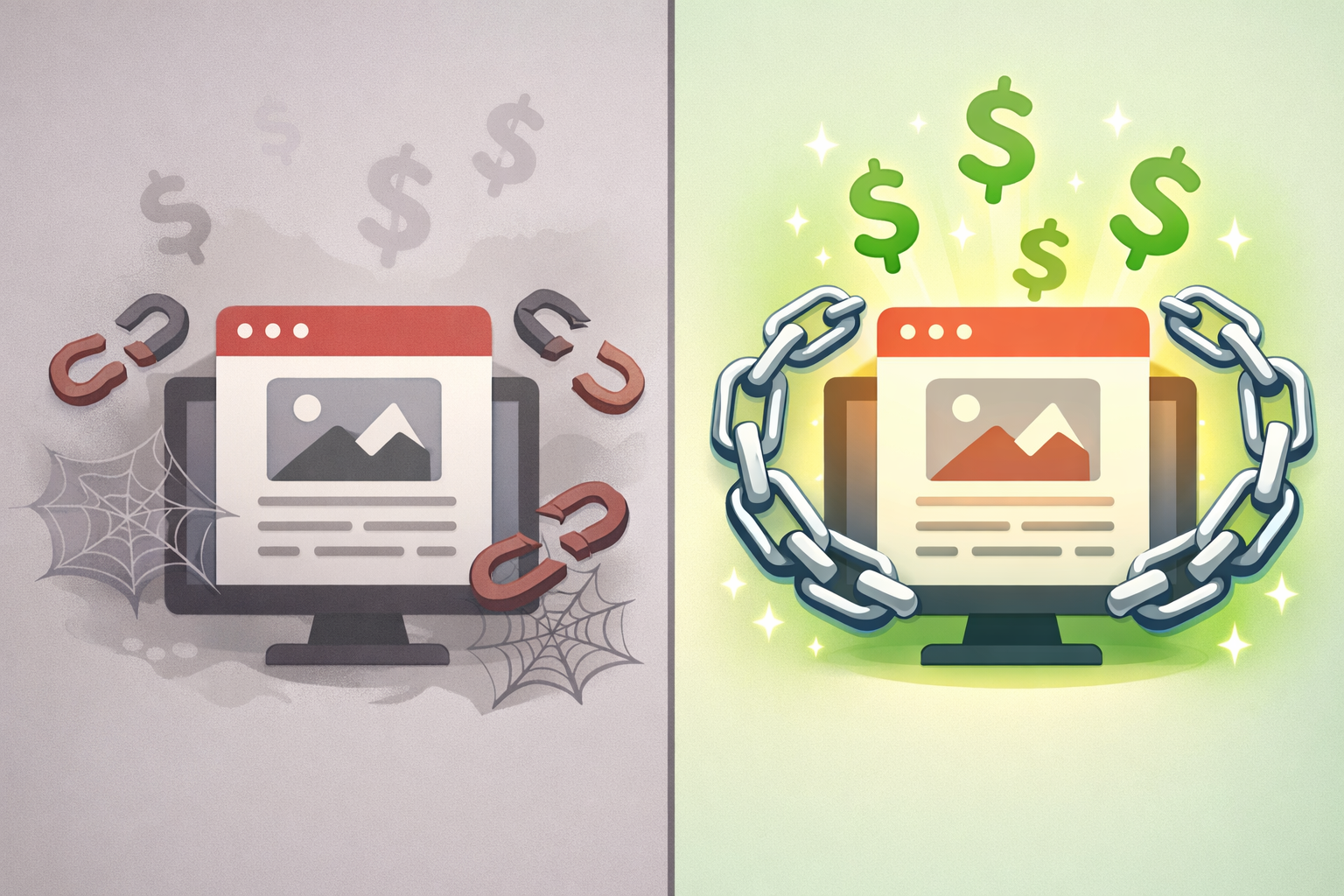 Split illustration: neglected blog post with broken links on the left versus a maintained post with flowing revenue on the right