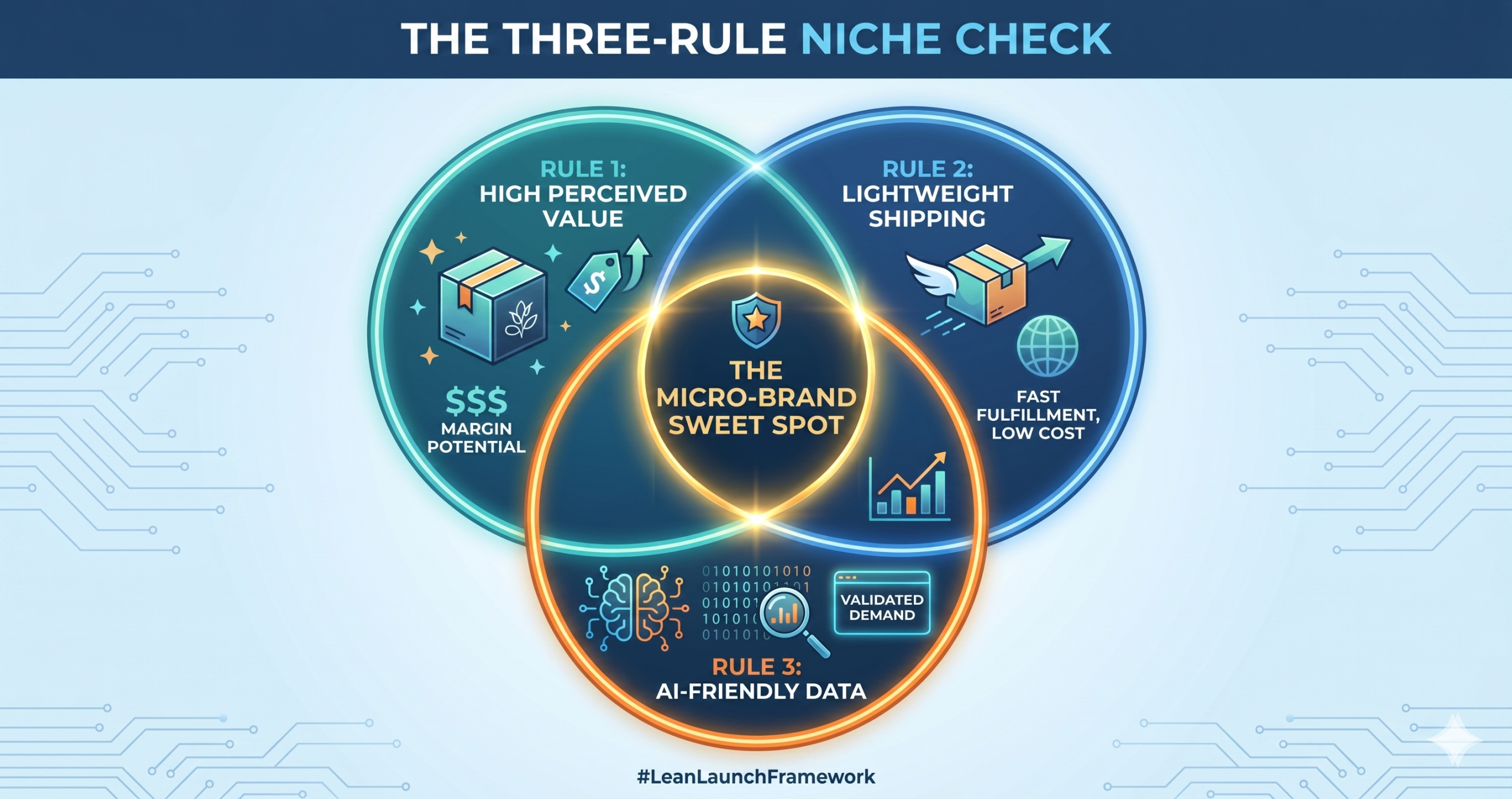 The Three-Rule Niche Check: a Venn diagram showing Rule 1 (High Perceived Value), Rule 2 (Lightweight Shipping), and Rule 3 (AI-Friendly Data) overlapping at the Micro-Brand Sweet Spot