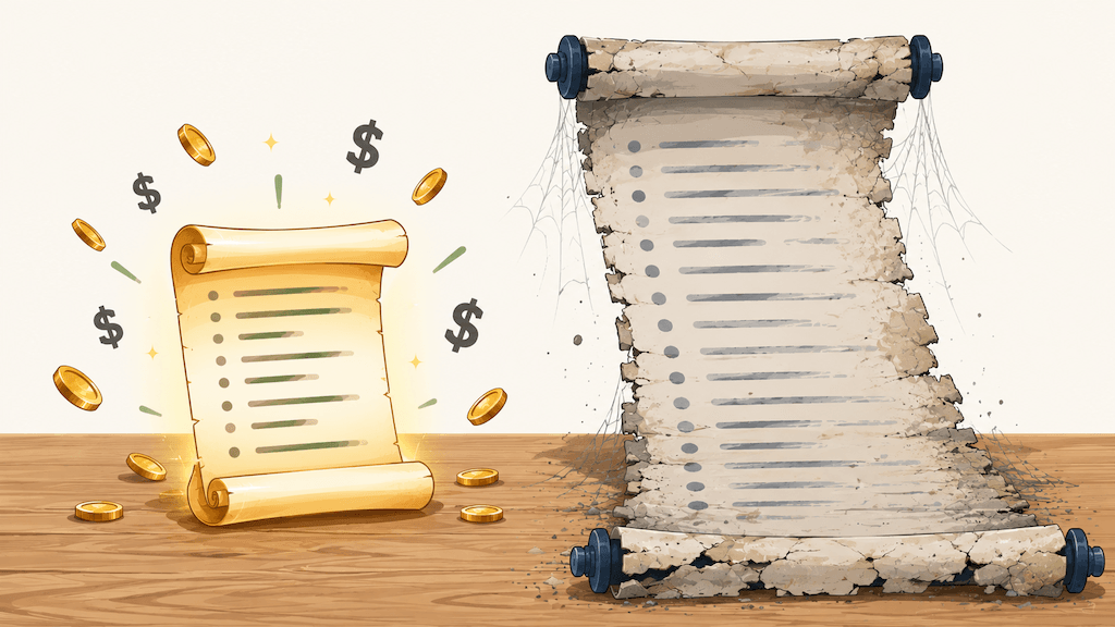 Small glowing subscriber list surrounded by gold coins next to a large decaying list with cobwebs