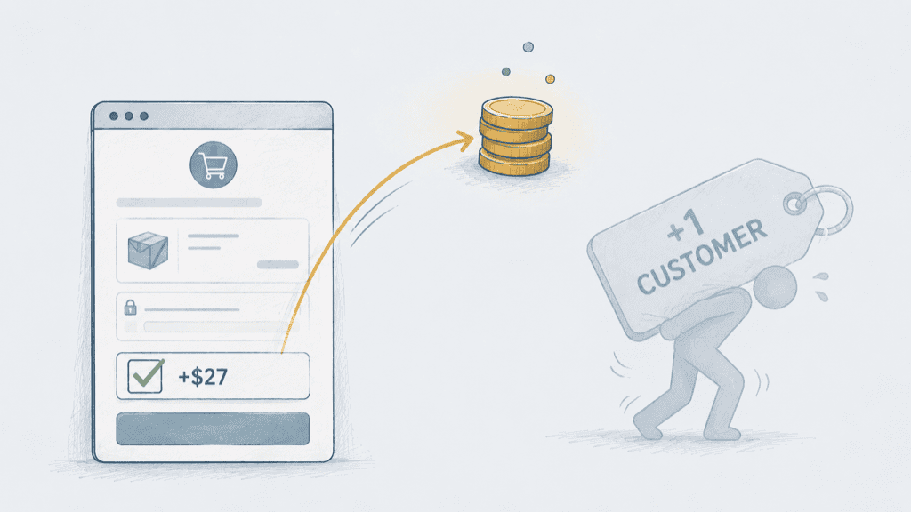 Flat-vector illustration of a checkout page with a ticked +$27 box sending a small arc of coins to a stack, contrasted with a slumped