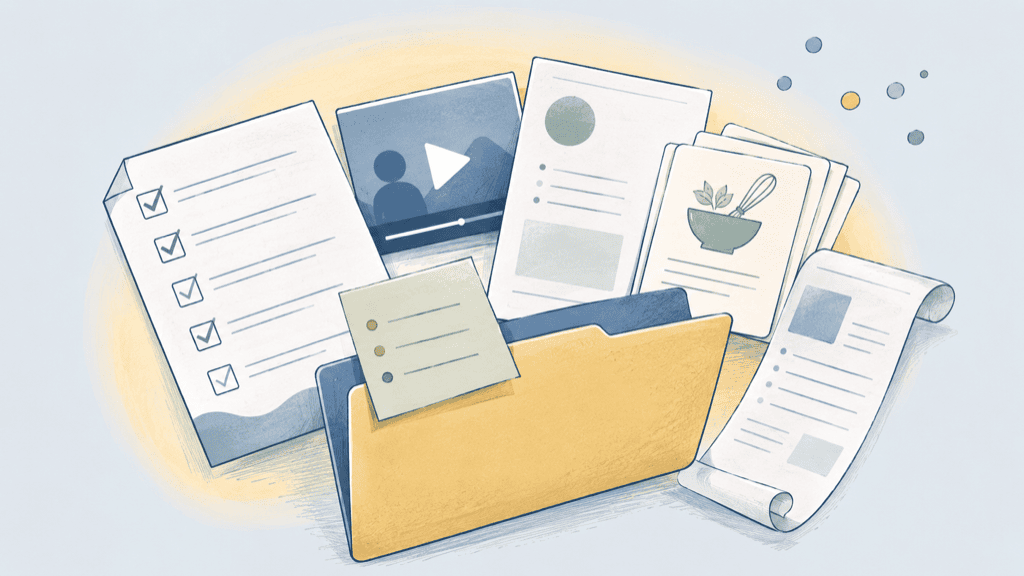 Flat-vector illustration of an open folder fanning out repurposable assets - a PDF with a checklist, a video tile, a worksheet, recipe cards, a sticky note, a swipe-file scroll - with a soft mustard halo behind the folder