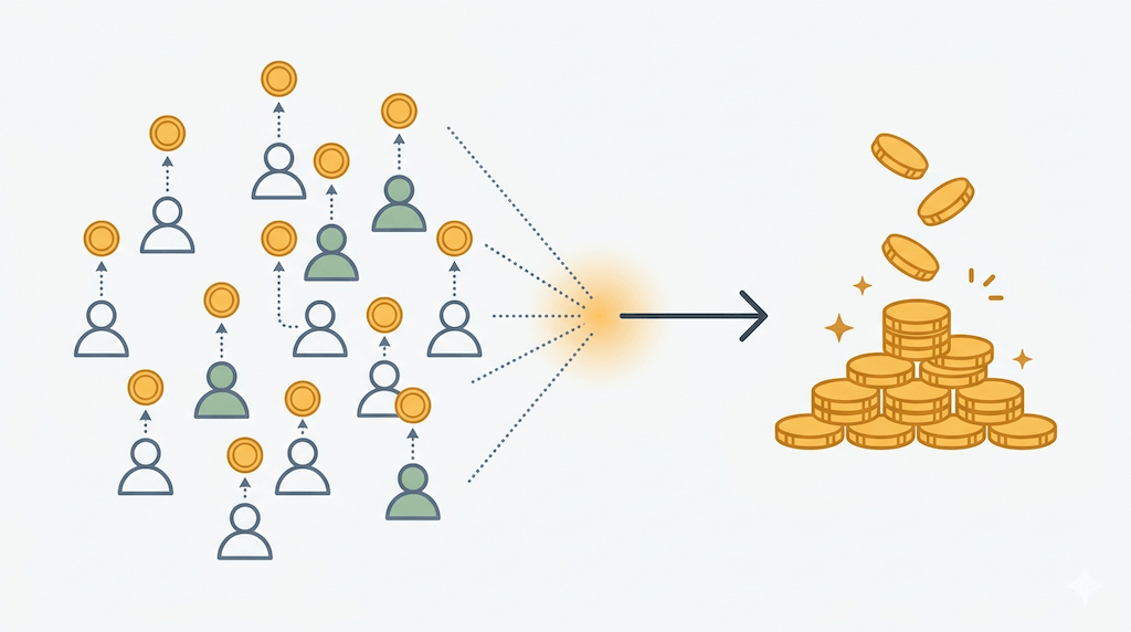 Many small subscriber icons sending coin trails that compound into a growing pile of gold coins