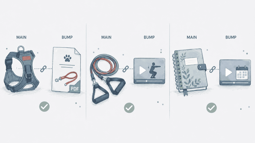 Flat-vector triptych showing three main-and-bump pairings - a dog harness with a training PDF, a resistance band set with a workout video tile, a printable planner with a walkthrough video tile - each labelled MAIN and BUMP with a chain link between them