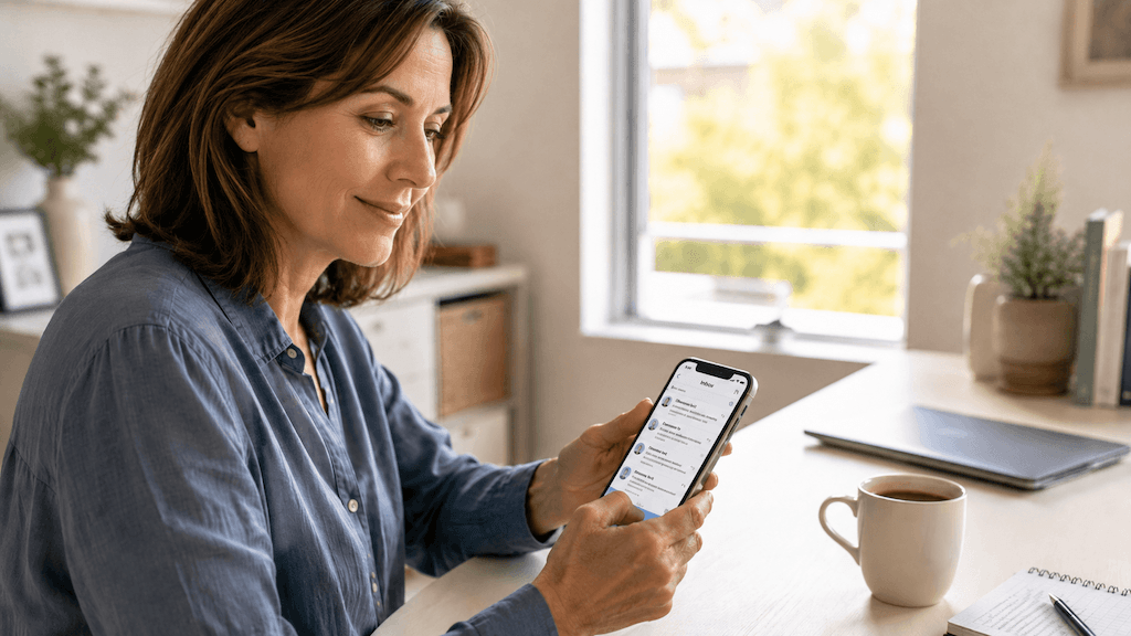 A woman watching short reply messages come in on her phone after sending a Permission Email