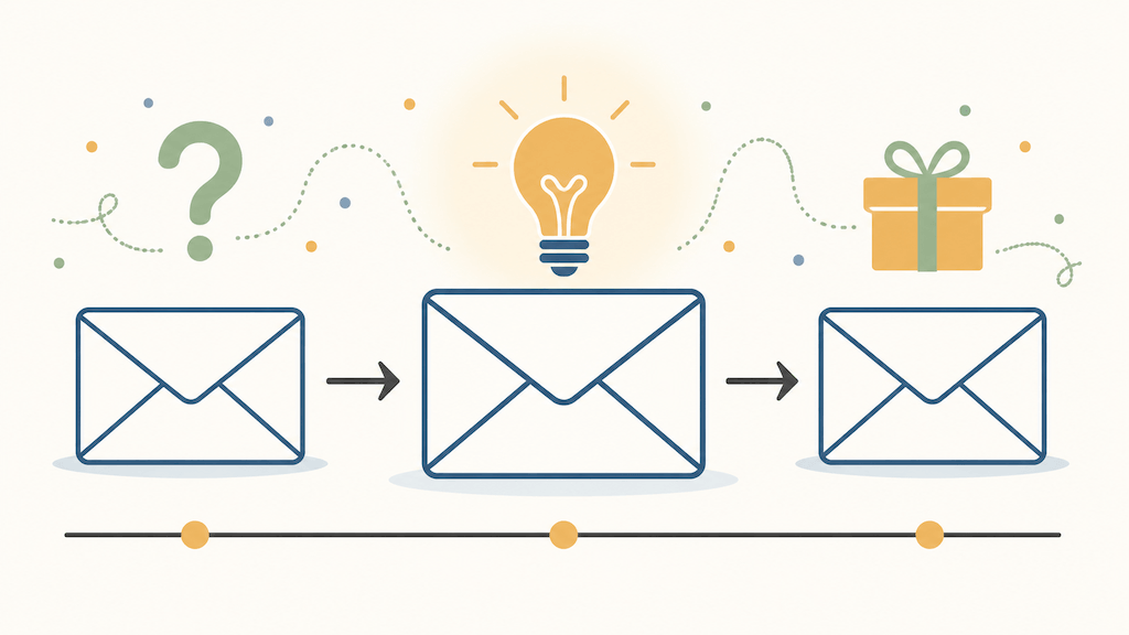 Three envelopes in sequence connected by arrows, with a lightbulb above the middle Bridge Email