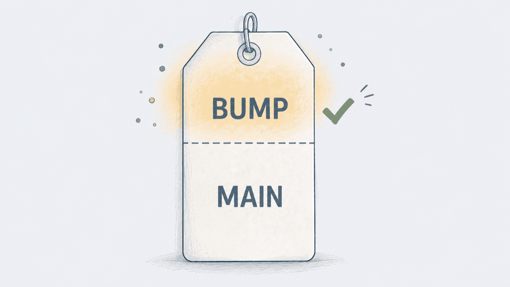 Flat-vector illustration of a single vertical price tag with a dashed line splitting it into a larger MAIN section below and a smaller BUMP section above, the BUMP section glowing softly with a dusty mustard wash and a green check mark to the right