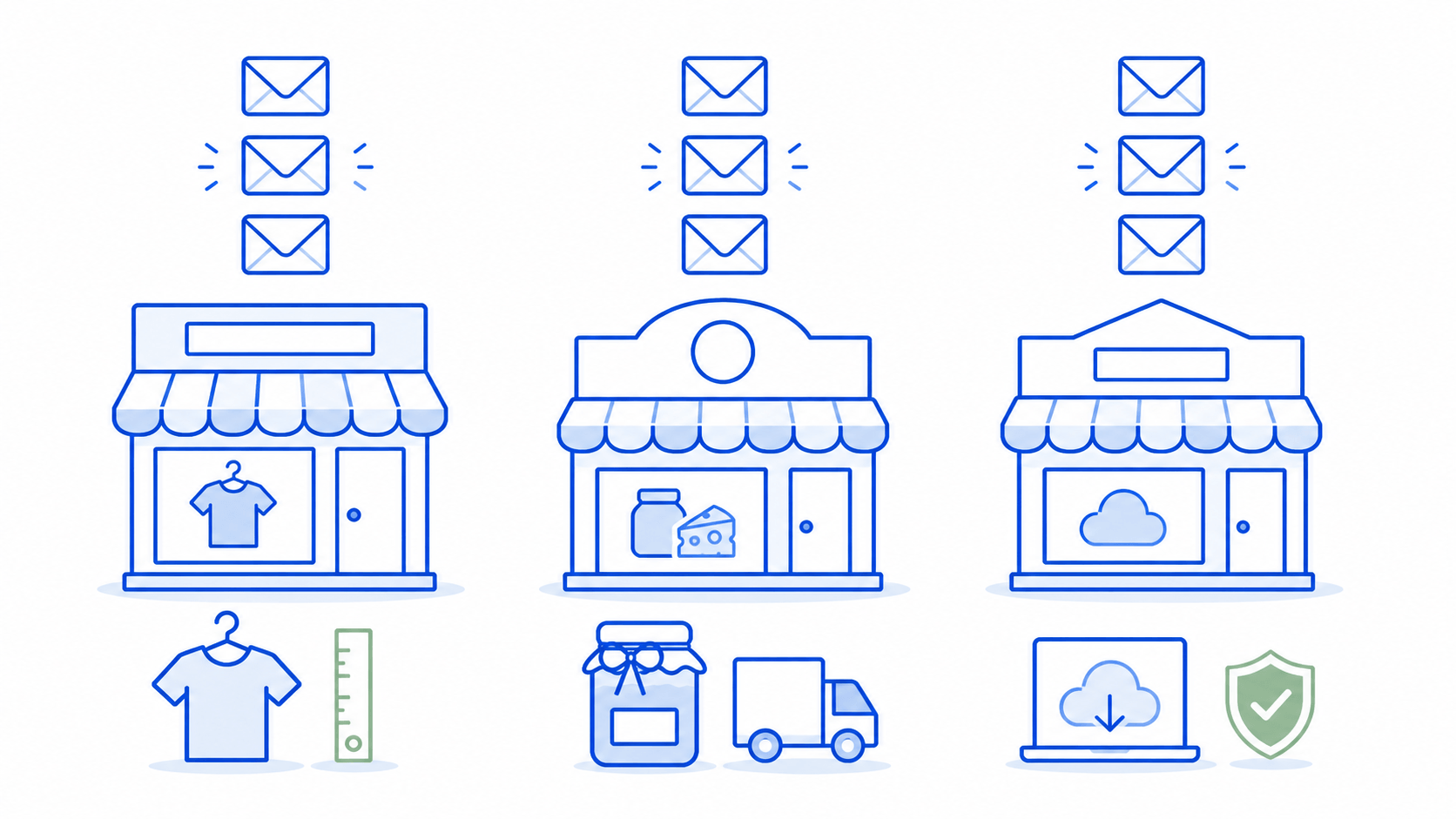 Three flat-vector storefronts arranged in a row with a stack of three envelope icons floating above each one, and a unique trust-signal symbol below: a hanging shirt with a sage-green ruler for the apparel store, a wrapped jar with a small truck for the food brand, and a laptop with a download cloud and a sage-green shield-and-checkmark for the digital product store