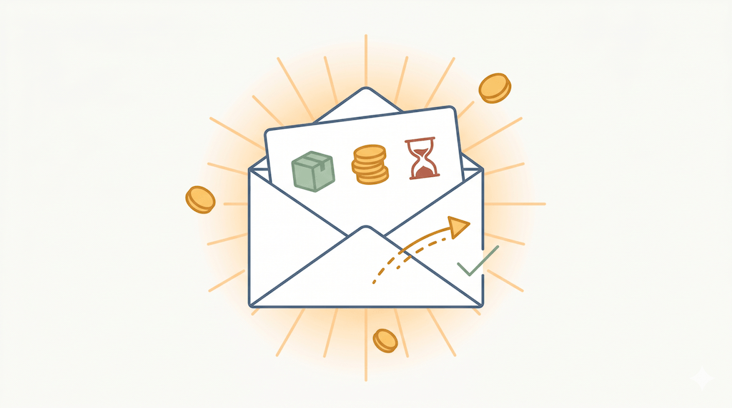 An envelope with a card sliding out showing product, price, and deadline icons