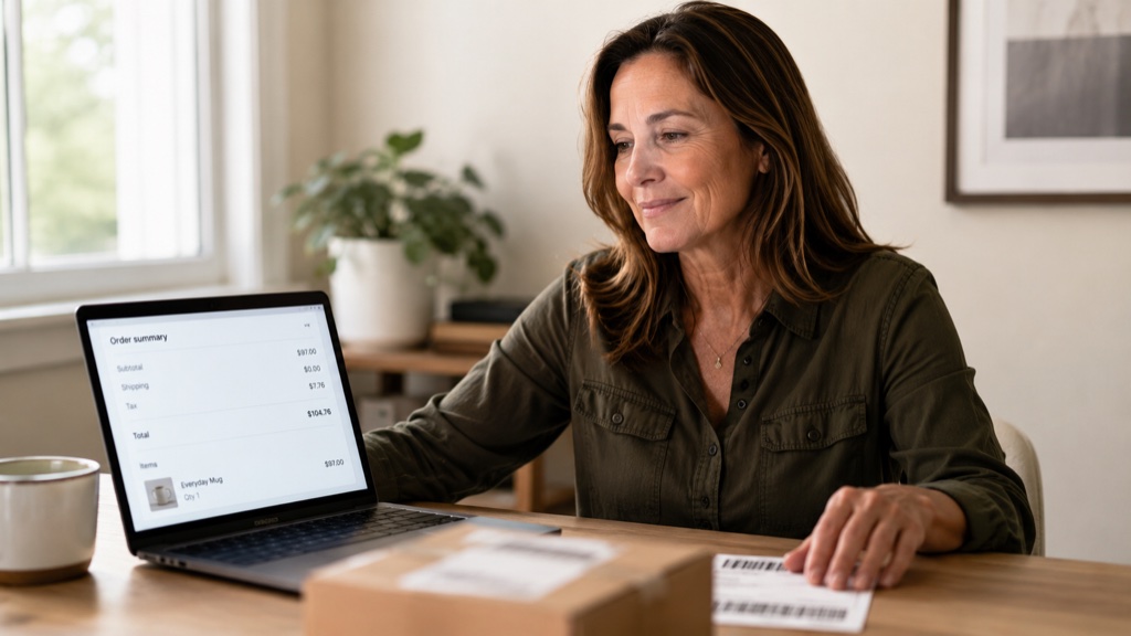 Photorealistic shot of a woman in her late 40s at a home-office desk in soft morning light, looking at her laptop with a small satisfied smile, a folded shipping label and small parcel resting beside her