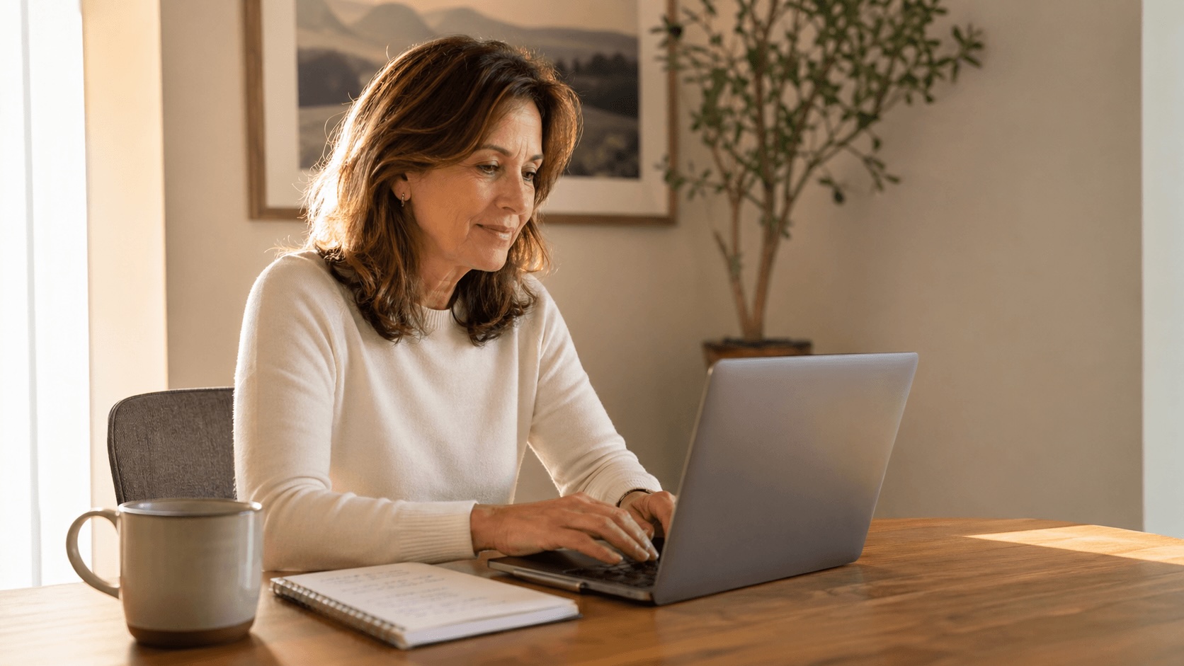 A woman in her early 50s in a cream sweater seated at a wood-tone home-office desk, focused on her laptop with a calm satisfied expression, ceramic mug and an open notebook beside her, warm morning light entering from a window to her side