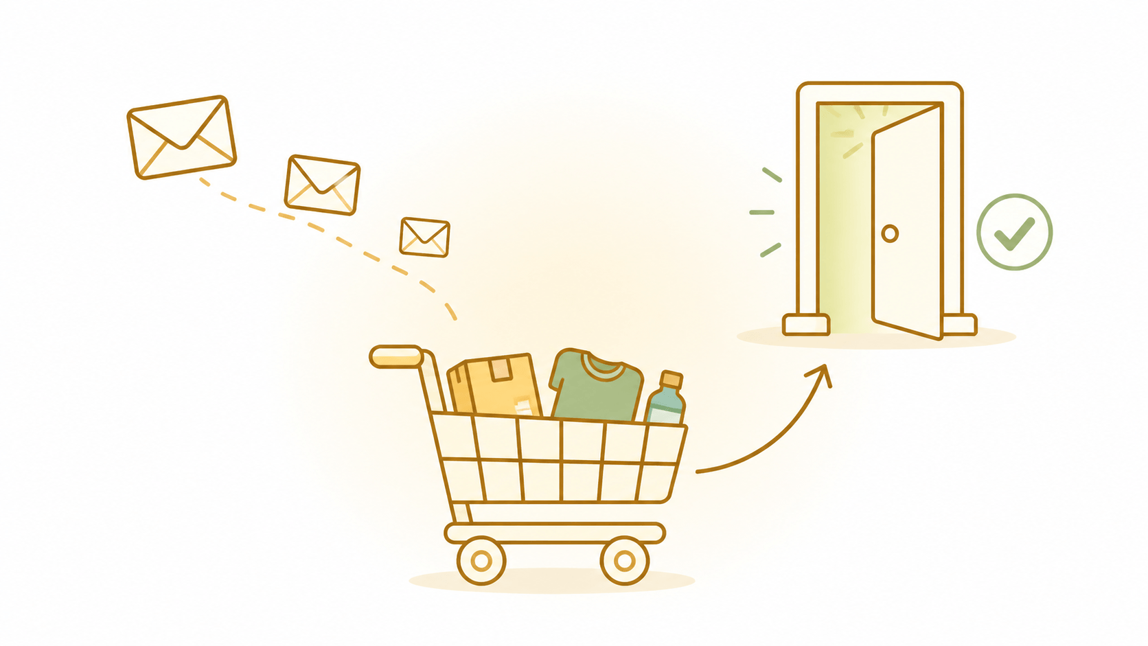 Warm flat-vector illustration of a shopping cart filled with a parcel, a folded shirt, and a small bottle, with three amber envelopes trailing in an arc behind it on a dashed line and a curved arrow leading to a slightly open checkout door with a sage-green glow inside and a small sage-green checkmark beside it
