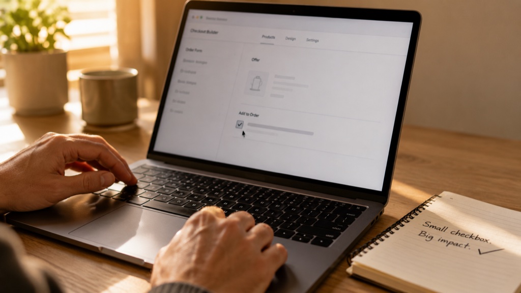 Photorealistic close-up of hands at a laptop, cursor hovering over a small ticked checkbox on a checkout-builder interface, warm morning light and a small notebook to the side