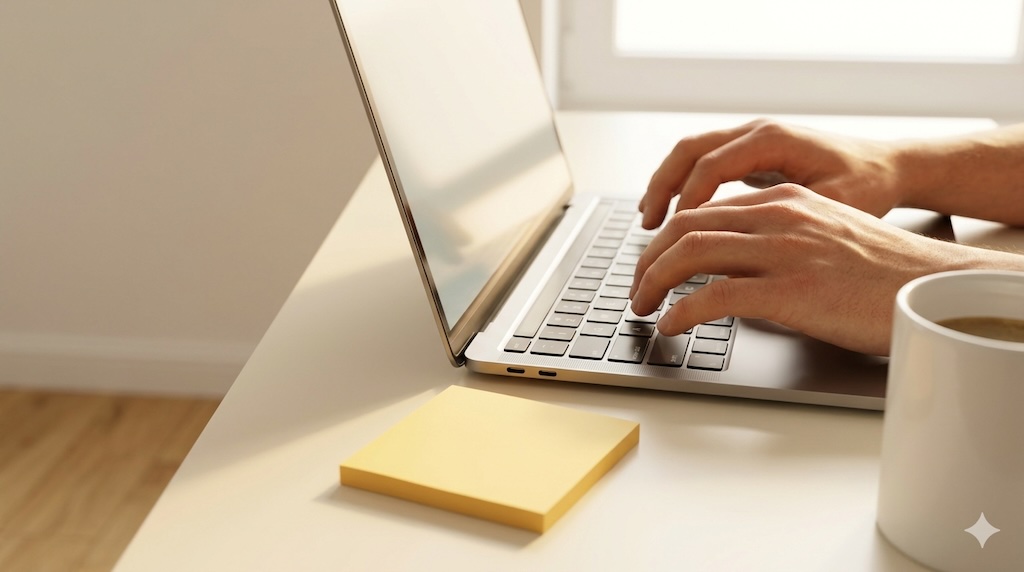 Hands paused at a laptop with a blank yellow sticky note beside it