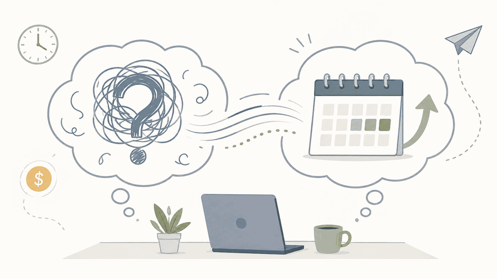 Two thought bubbles side by side over a small desk: a tangled scribbled question mark on the left reframing into a clear weekend calendar on the right