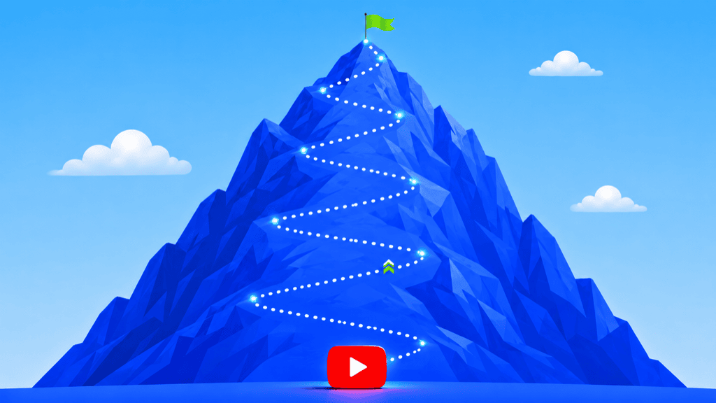 A small red YouTube play button at the base of a tall mountain, with a winding path leading up to a green flag at the distant peak