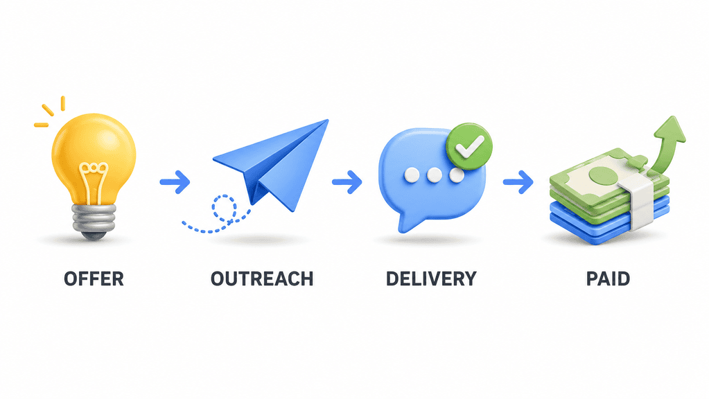 Four-step labelled flow showing the 48-hour sprint: OFFER, OUTREACH, DELIVERY, PAID, with rounded shaded icons connected by arrows