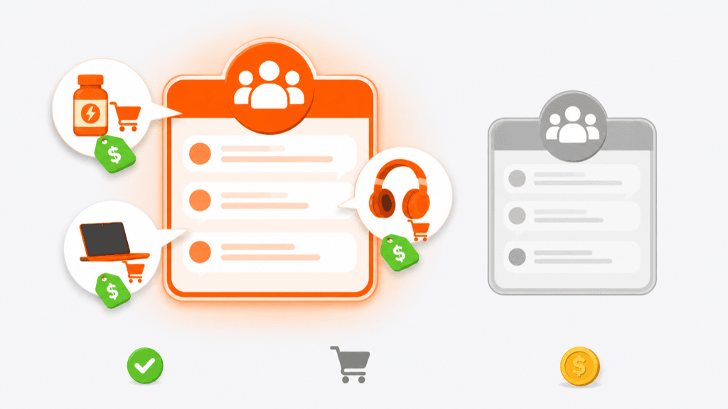 An active buyer community with product and cart icons beside a dull, inactive community