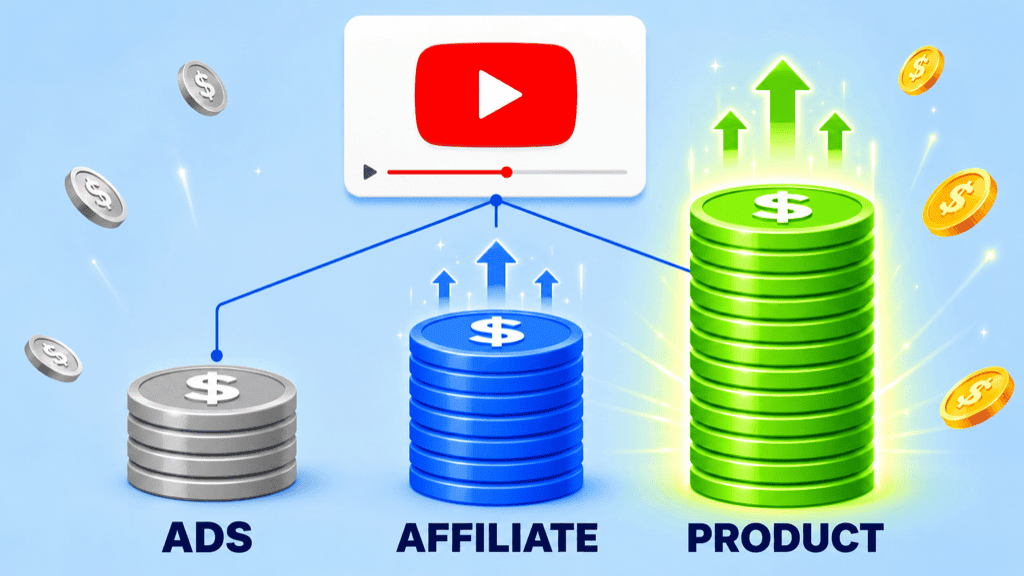 Three rising coin stacks labelled Ads, Affiliate and Product, with one video feeding all three income streams