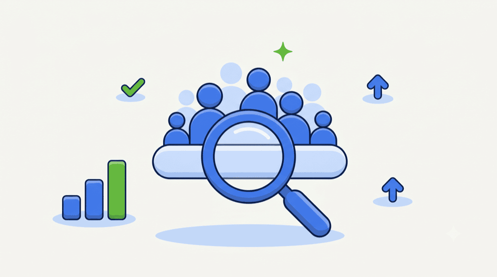 A magnifying glass over a friendly crowd of searcher icons beside an ascending bar chart, showing healthy search demand for a niche