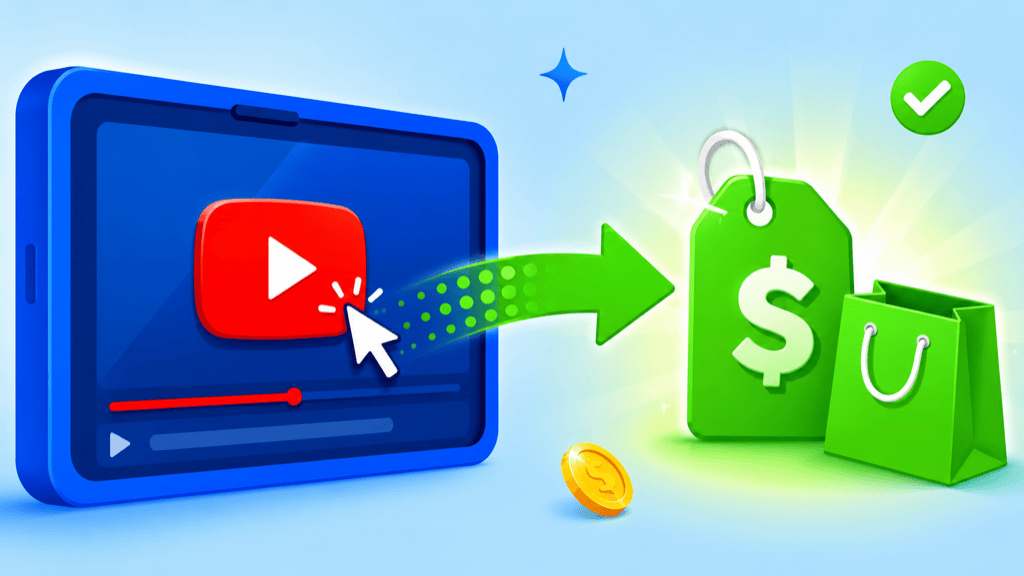 A video with a red play button connected by a green arrow to a price tag and a small shopping bag