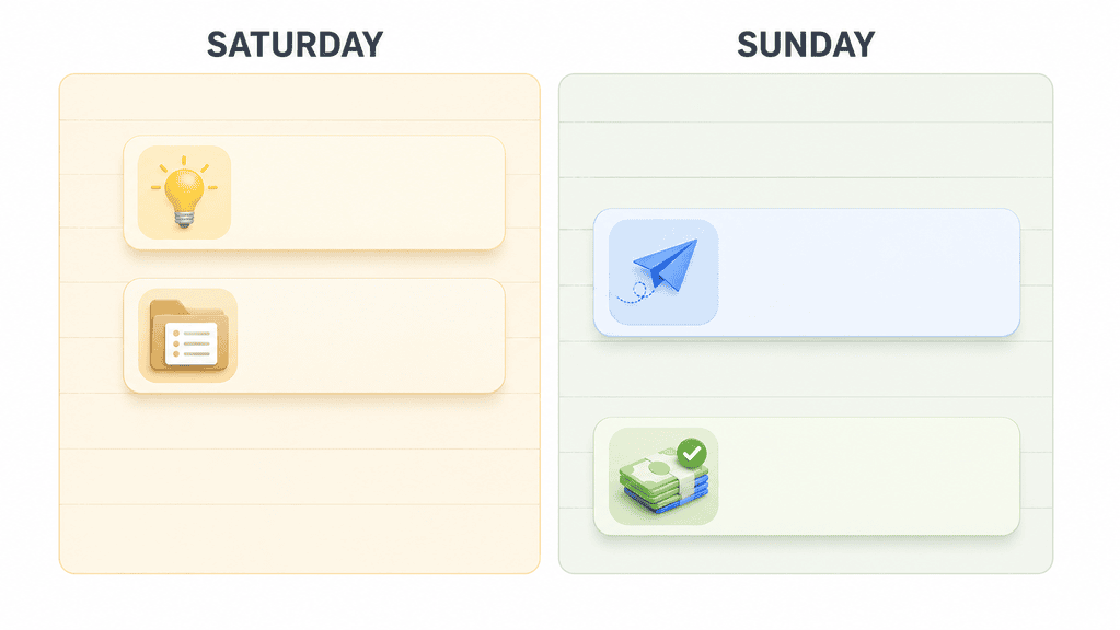 Weekend calendar mockup showing Saturday and Sunday columns with four highlighted time-block cards across the two days