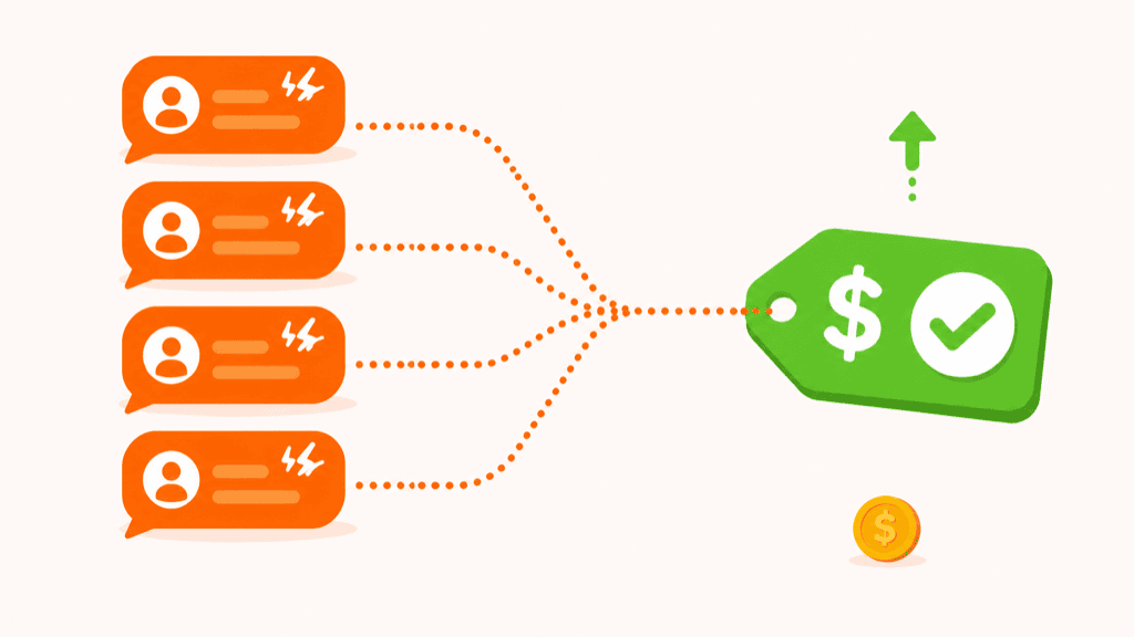 Repeated complaint bubbles converging into one product candidate with a green check
