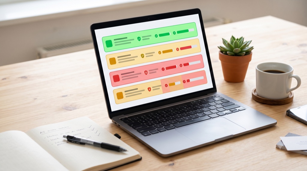 A laptop screen comparing niche options in colour-coded rows, one niche all green as the clear winner while others show amber and red