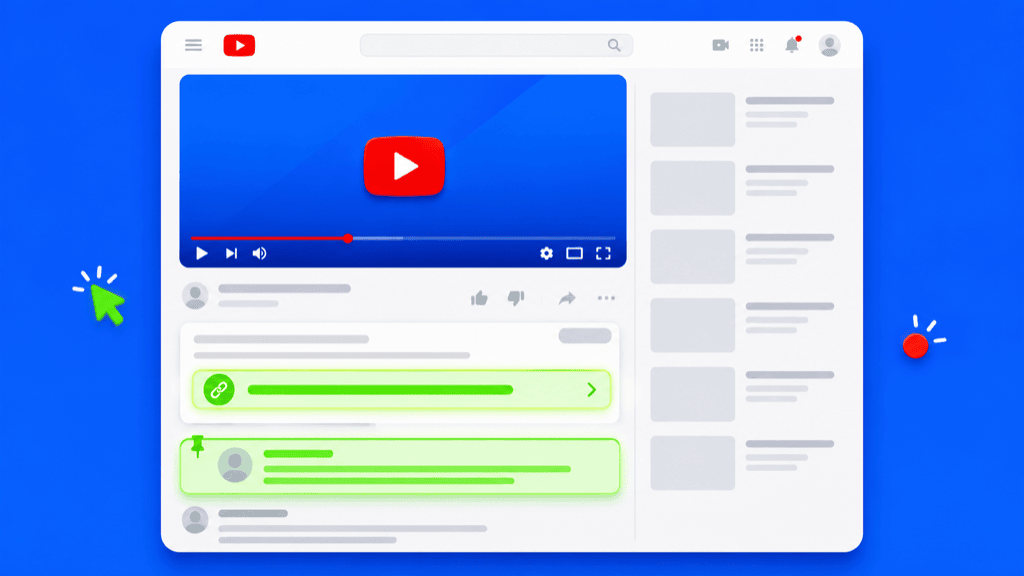 A YouTube video page mockup with the description link and pinned comment highlighted in green