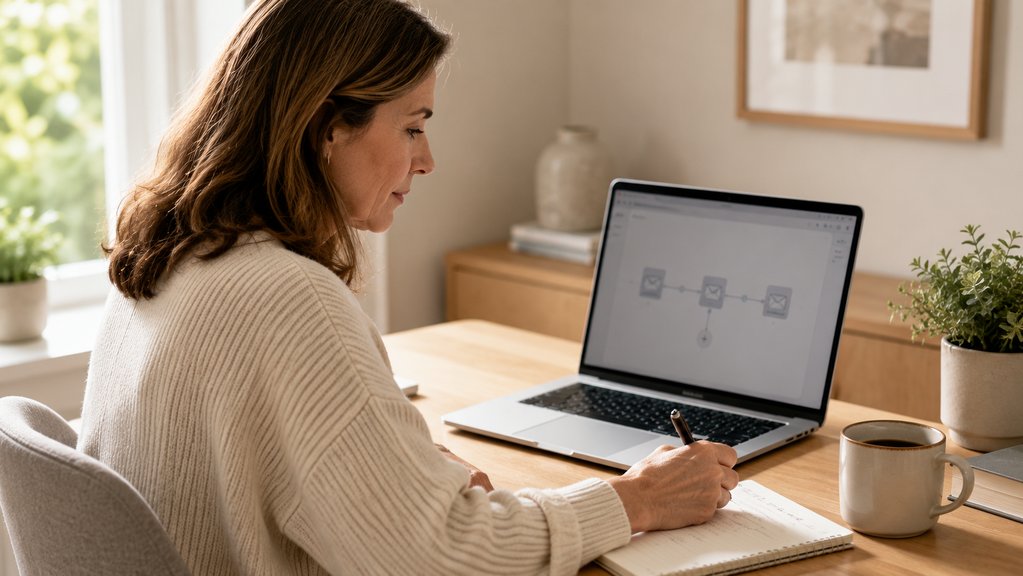 A Shopify store owner working at her home-office desk, focused on her laptop screen setting up a Klaviyo abandoned cart email automation