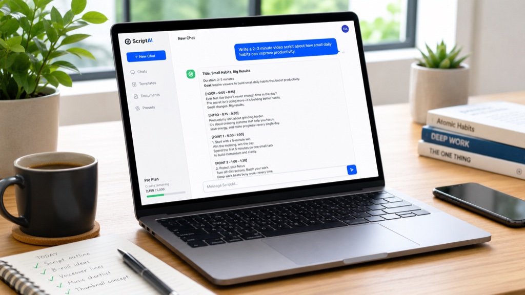 A laptop on a tidy desk showing an AI chat tool drafting a YouTube video script