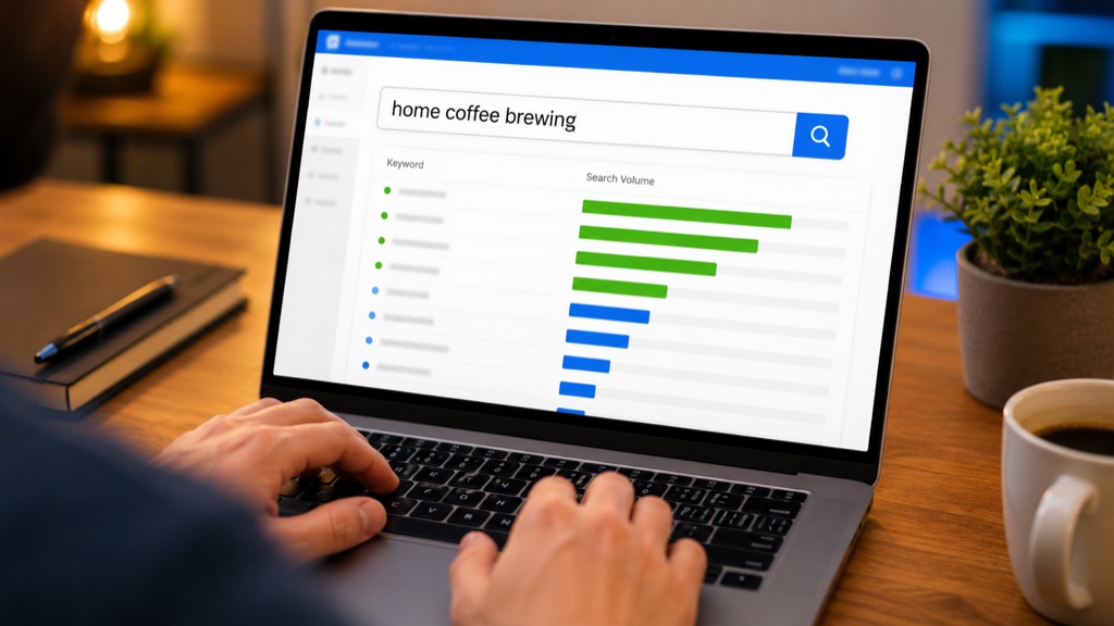 An over-the-shoulder view of hands typing a niche phrase into a keyword tool, with a bar chart of search volumes on the laptop screen